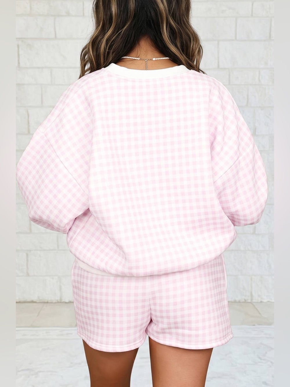 1 the Woman Pink 2 Piece Set Gingham Crewneck & Shorts Loungewear - Picture 2 of 3